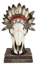 Southwestern Native Indian Cow Skull With Tribal Chief Roach Headdress Figurine