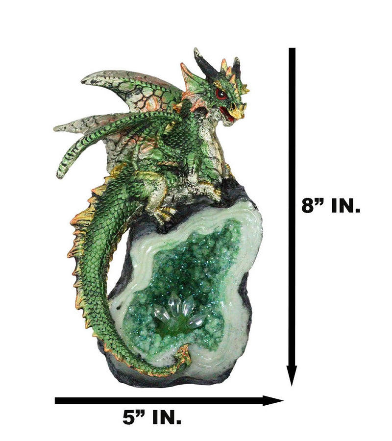 Metallic Green Iridescent Dragon On Faux Geode Rock Quartz Crystal Cove Figurine