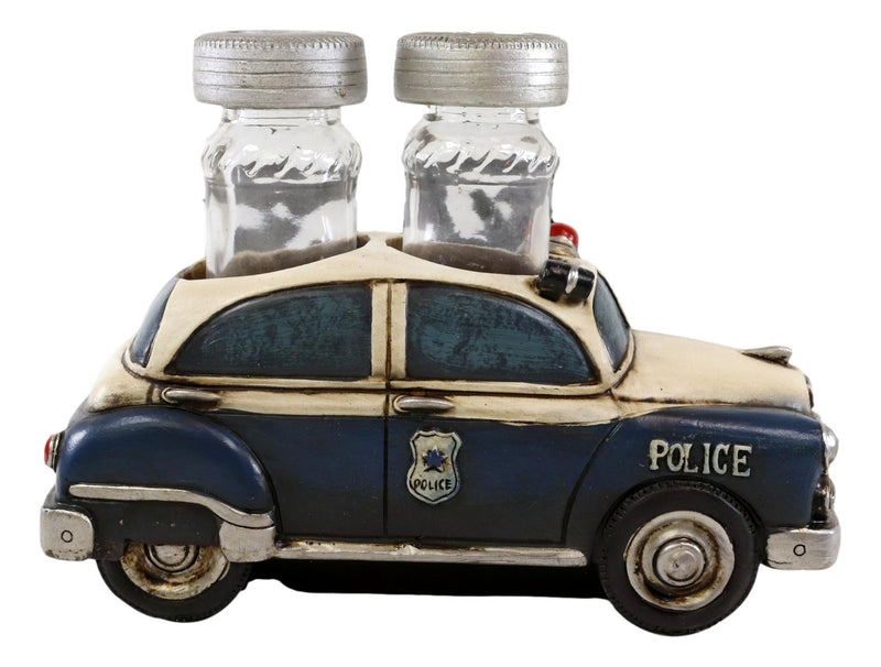 Vintage Blue Police Patrol Car Figurine Holder And Salt Pepper Shakers Set