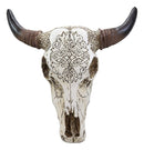 Ebros 13" High Steer Bison Buffalo Bull Cow Skull Head with Horns Wall Mount Decor with Tooled Southwestern Cross Pattern - Ebros Gift