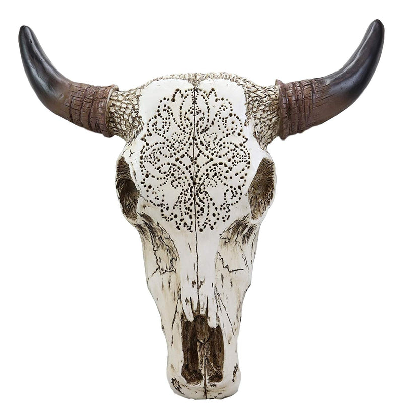 Ebros 13" High Steer Bison Buffalo Bull Cow Skull Head with Horns Wall Mount Decor with Tooled Southwestern Cross Pattern - Ebros Gift