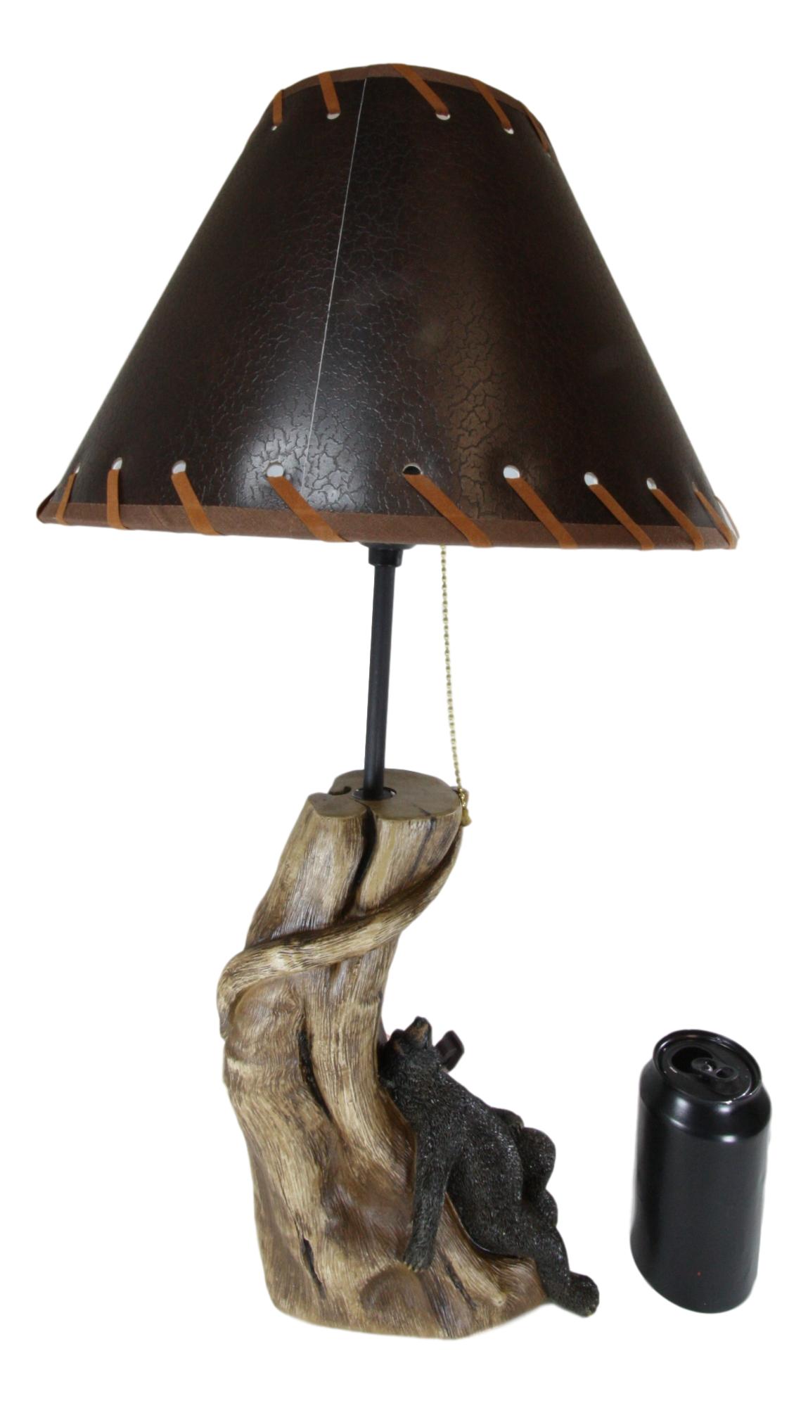 Rustic Forest Black Bear Sleeping On Tree Log Desktop Table Lamp With Shade
