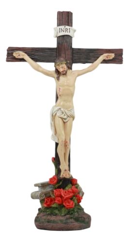 Ebros Jesus Christ On The Cross With Rose of Sharon Base Decorative Crucifix Statue - Ebros Gift