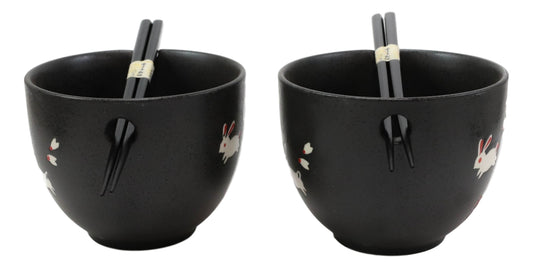 Ceramic White Moon Rabbit Hare Ramen Noodles Soup Bowls With Chopsticks Set Of 2