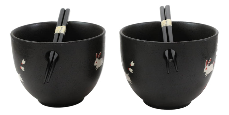Ceramic White Moon Rabbit Hare Ramen Noodles Soup Bowls With Chopsticks Set Of 2