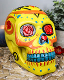 Colorful Fancy Yellow Day of The Dead Sugar Skull Amore Floral Roses Figurine