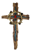 Turquoise And Red Gem Deer Antlers Wreath Faux Distressed Wood Cross Wall Decor