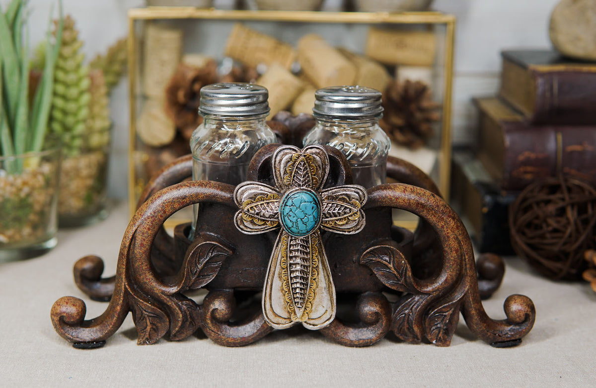 Turquoise Stone Holy Cross with Faux Wood Scroll Vines Salt Pepper Shakers Set
