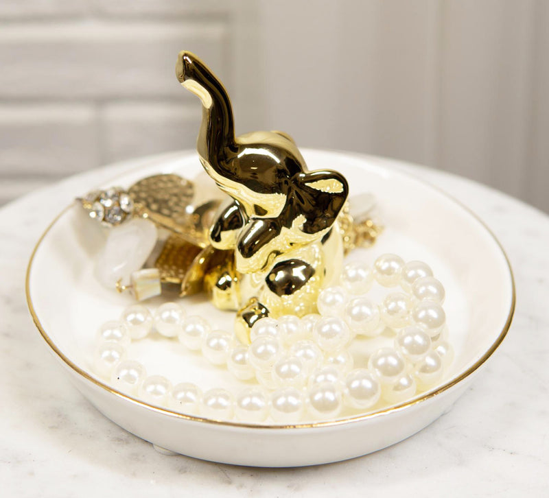 Ebros Gold Plated Elephant Ceramic Jewelry Holder Pachyderm Vanity Ring 5.25"D