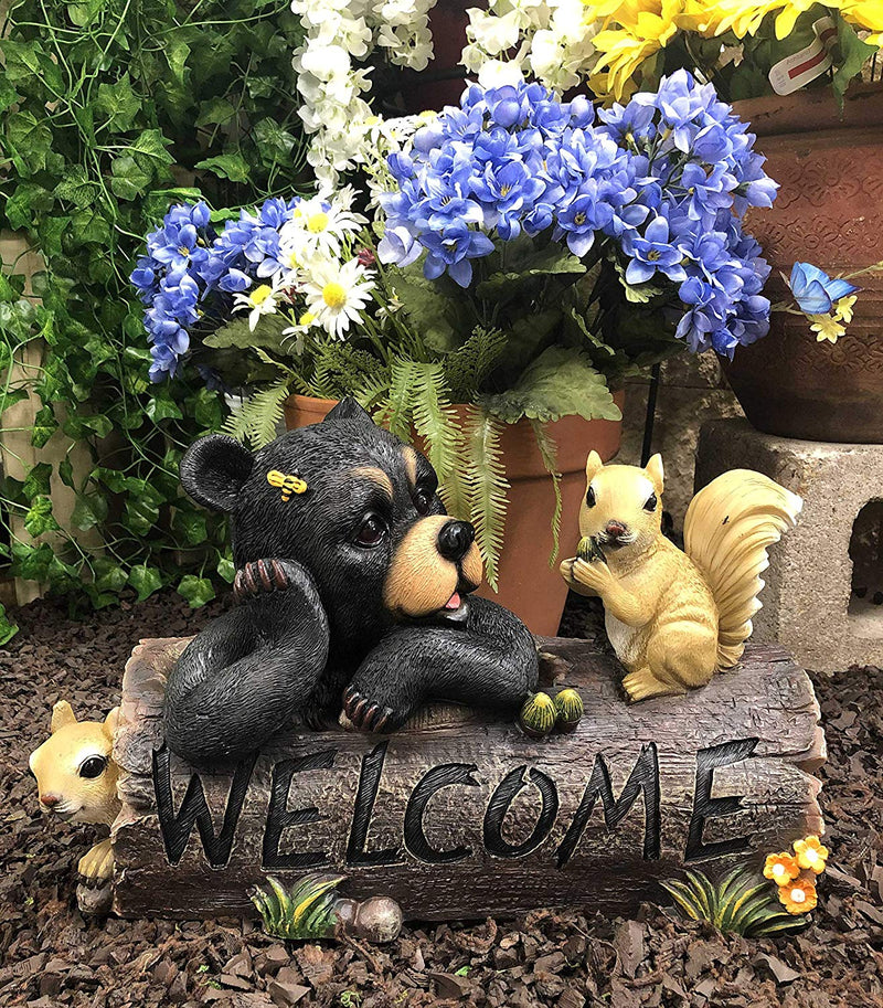 Ebros Large Honey Bee Black Bear & 2 Squirrel Besties By Tree Log Welcome Sign Statue