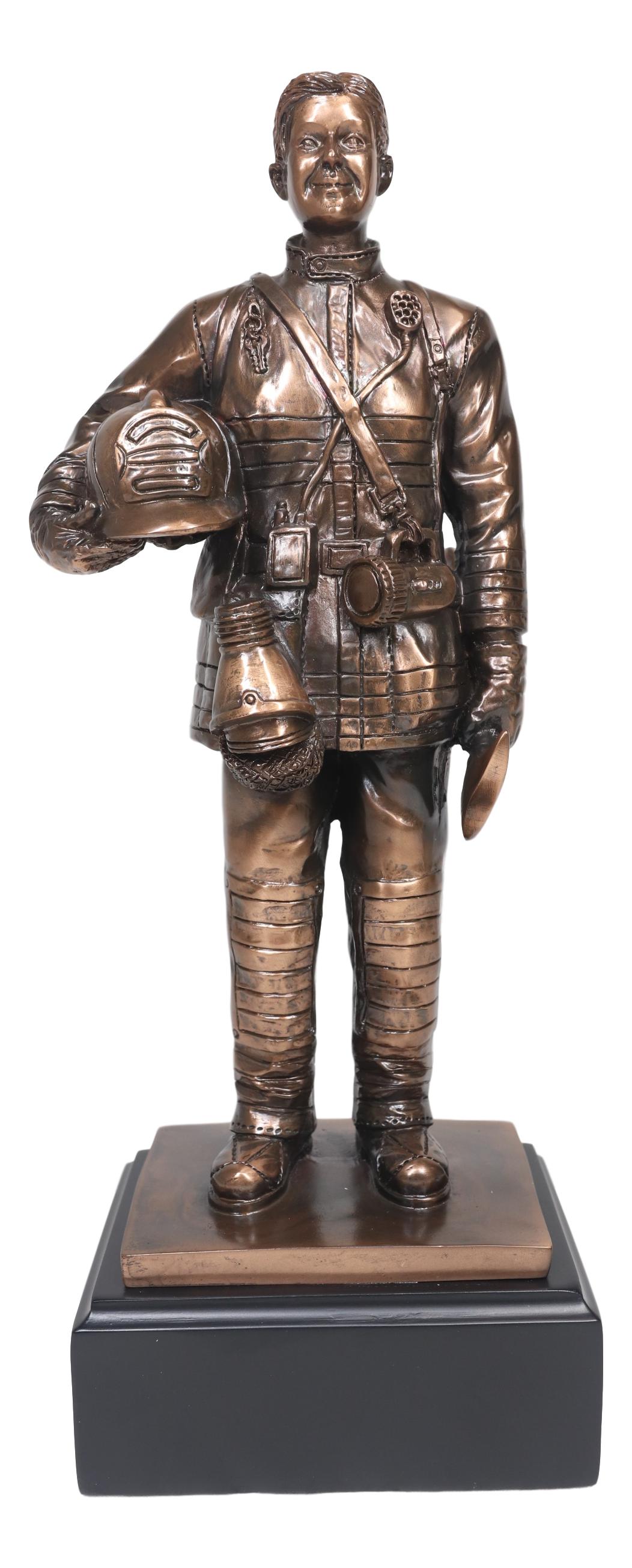 Fire Fighter Civil Service Firewoman With Helmet and Axe On Trophy Base Statue - Ebros Gift