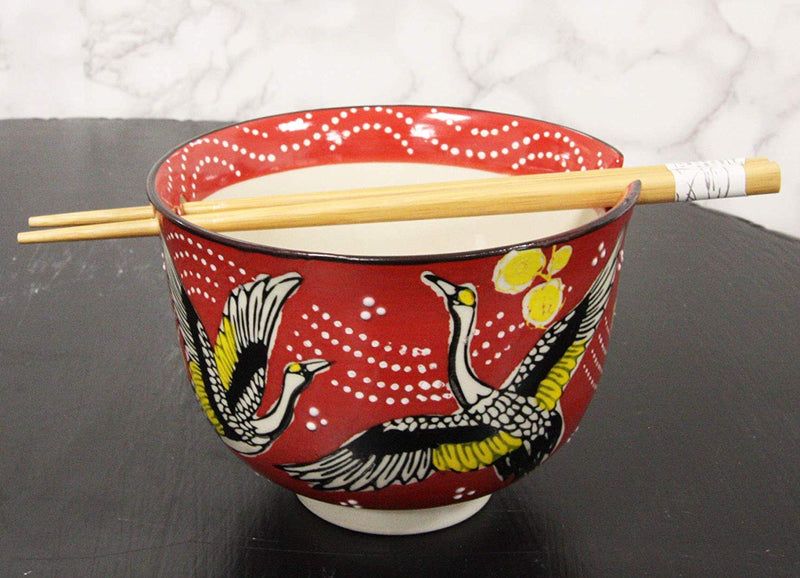 Red Sky Flying Crane Bird Ramen Noodles 5"D Soup Rice Bowl With Chopsticks Set