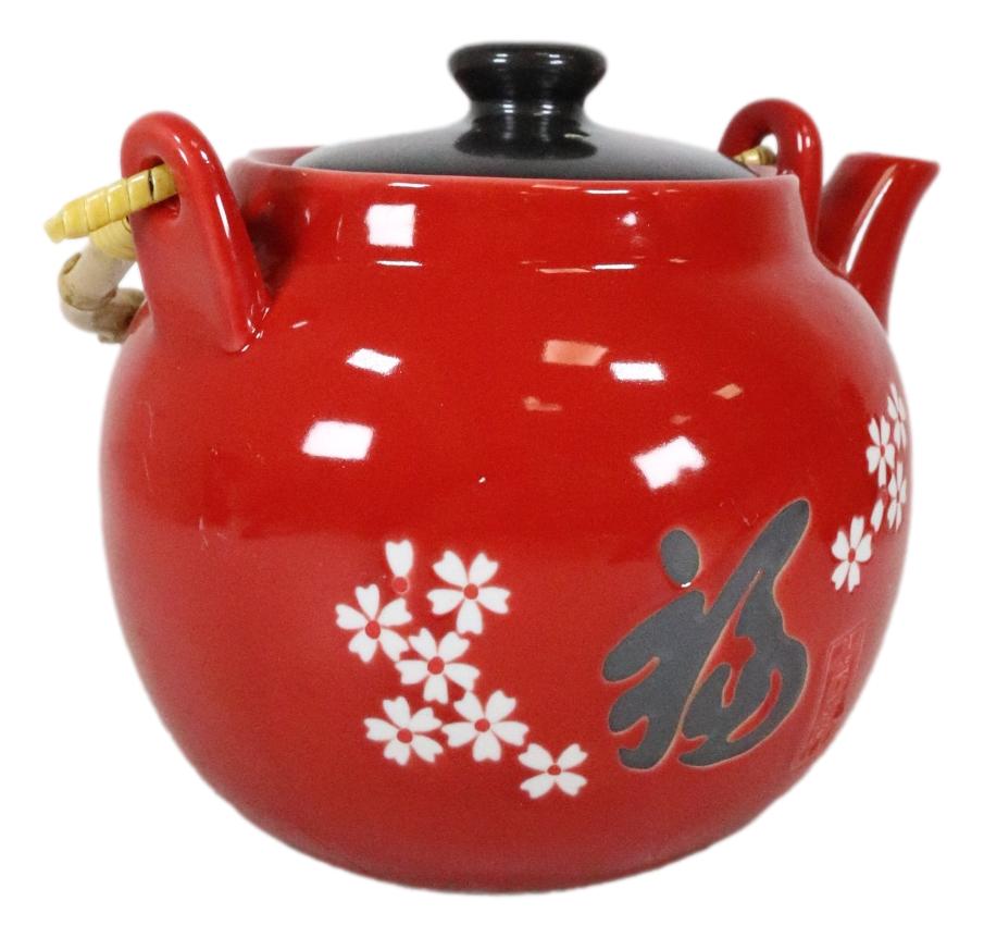 Sakura White Japanese Cherry Blossoms Porcelain Red Tea Pot 42oz And 4 Cups Set - Ebros Gift
