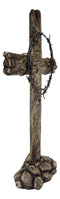 Large Rustic Western Barbed Wire Crown Faux Wood Cross On Rocks Desktop Plaque