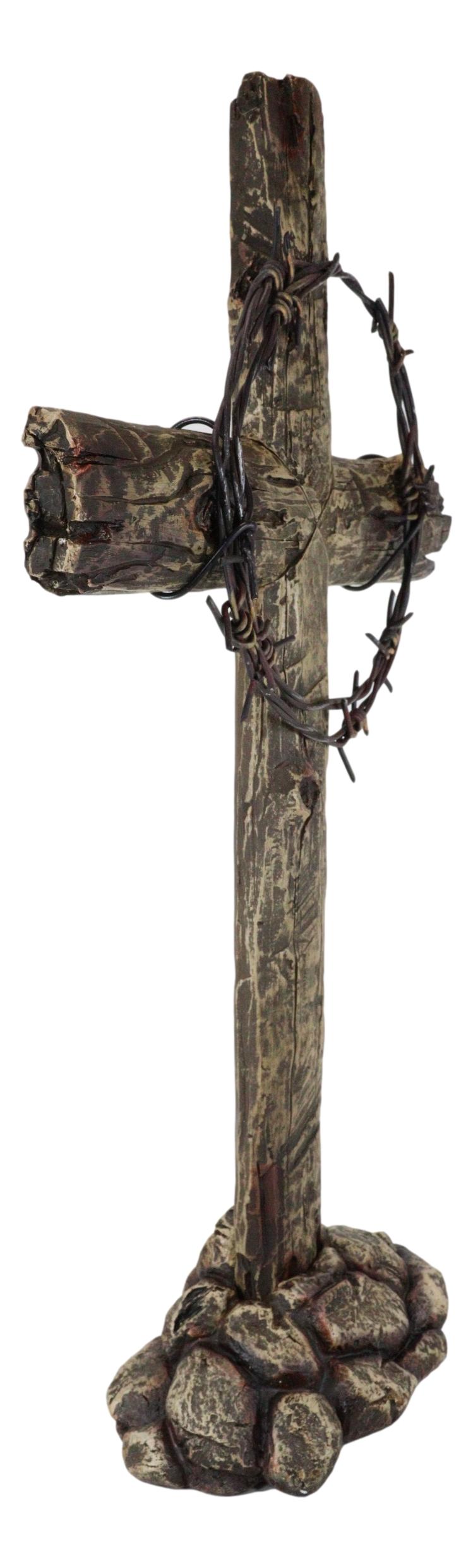 Large Rustic Western Barbed Wire Crown Faux Wood Cross On Rocks Desktop Plaque
