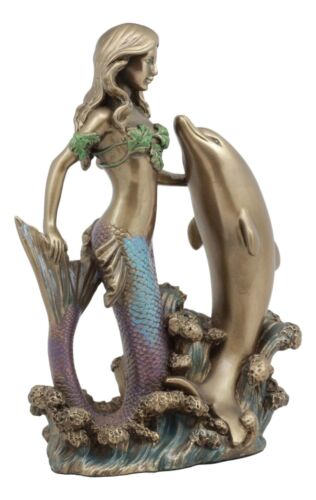 Art Nouveau Ocean Siren Mermaid With Bottlenose Dolphin Statue Nautical Decor