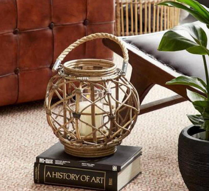 13"H Rustic Farmhouse Brown Woven Rattan Candle Lantern with Jute Rope Handle