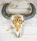 Southwest Tooled Lace Horned Steer Bull Cow Aged Bone Skull LED Light Wall Decor