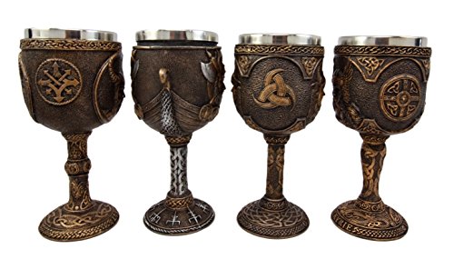 Ebros Odin Valkyrie Loki Battle Longship 7oz Resin Wine Goblet Chalice Set of 4 - Ebros Gift