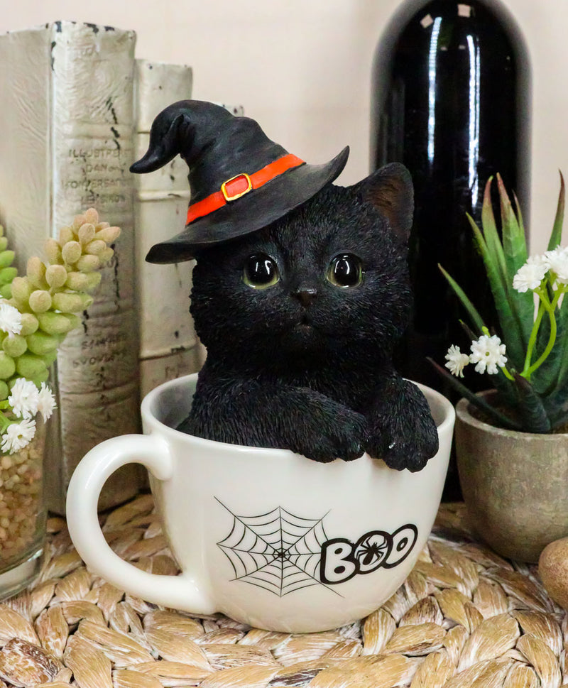 Witching Hour Halloween Black Cat with Witch Hat In Tea Cup Pet Pal Figurine
