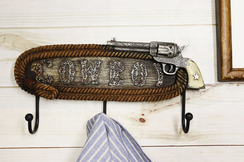 Ebros Cowboy Sign Braided Ropes Six Shooter Revolver Gun Pistol Wall 3 Peg Coat Hooks