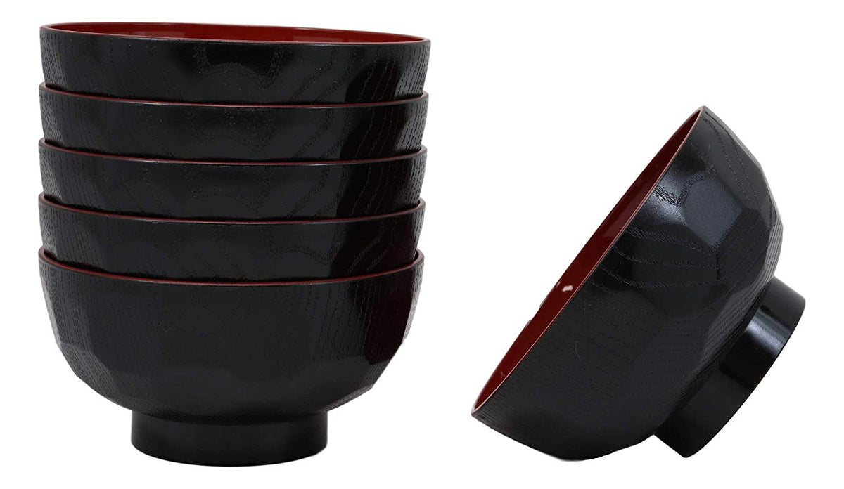 Ebros Gift Made In Japan Traditional Small Black Red Lacquer Copolymer Plastic Bowl For Rice Salad Miso Soup 4.5"Dia 6oz Japanese Restaurant Supply Bowls Home Kitchen (Dotted Ridged Pattern, 6)