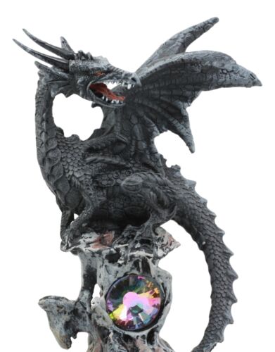 Azureon Black Dragon Perching On Quartz Tower Alien Skull Statue Home Decor - Ebros Gift