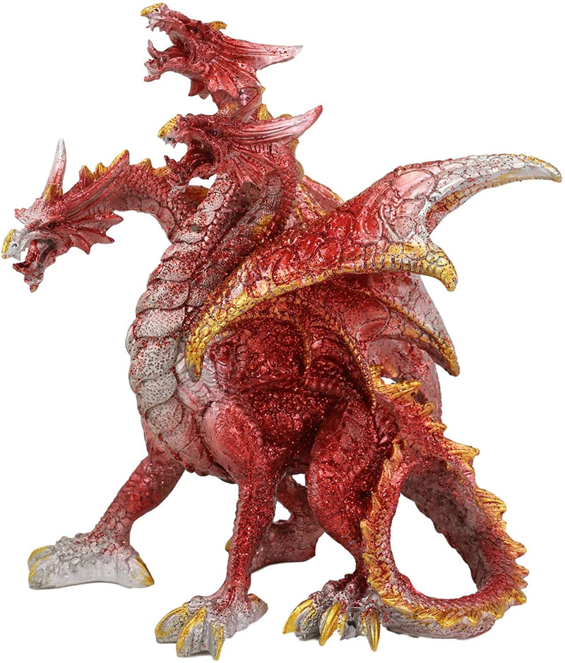 Ebros Red Fire Three Headed Dragon Hydra Roaring Statue 8" Tall Figurine Decor