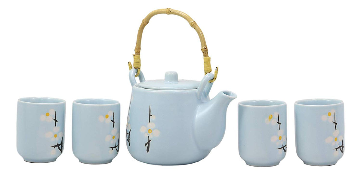 Ebros Gift Japanese Sakura Pastel Sky Blue Cherry Blossom Design Porcelain 20oz Tea Pot and 4 Cups Set Home Decor Asian Living Teapots Decorative Party Hosting Dining Table Accessories - Ebros Gift