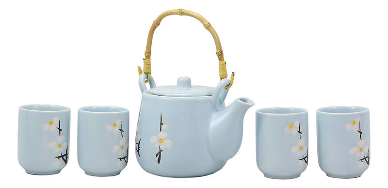 Ebros Gift Japanese Sakura Pastel Sky Blue Cherry Blossom Design Porcelain 20oz Tea Pot and 4 Cups Set Home Decor Asian Living Teapots Decorative Party Hosting Dining Table Accessories