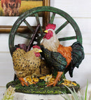 Ebros Rustic Country Rooster And Spotted Hen By Farm Wagon Wheel And Maize Figurine - Ebros Gift