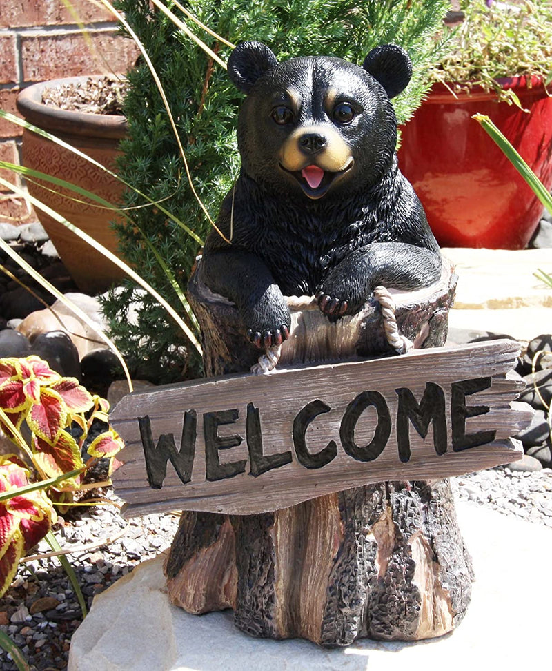 Ebros 13.5" Tall Welcome Sign Black Bear In Tree Bark Outdoor Decorative Statue - Ebros Gift