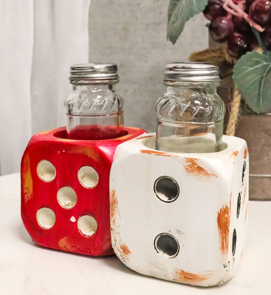 Casino Gambler Red And White Distressed Double Dice Salt Pepper Shakers Holder