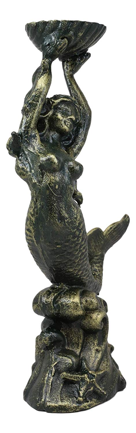 Cast Iron 15"H Under The Sea Mermaid Holding Up Sea Shell Candle Holder Statue - Ebros Gift