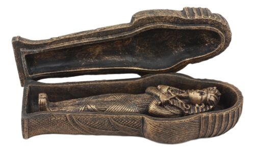 Bronzed Small Ancient Egyptian Pharaoh King Tut Sarcophagus With Mummy Statue