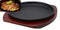 Ebros Personal Size Cast Iron Sizzling Fajita Pan Skillet Japanese Steak Plate With Wood Underliner Base Restaurant Home Kitchen Cooking Supply (Round 8.75"Diameter)