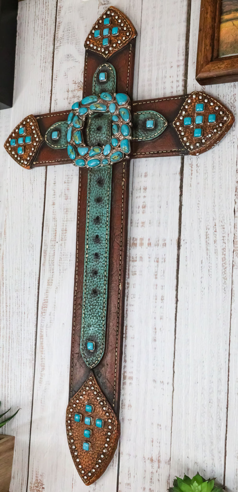 20" H Rustic Western Cowboy Faux Leather Turquoise Rocks Belt Buckle Wall Cross