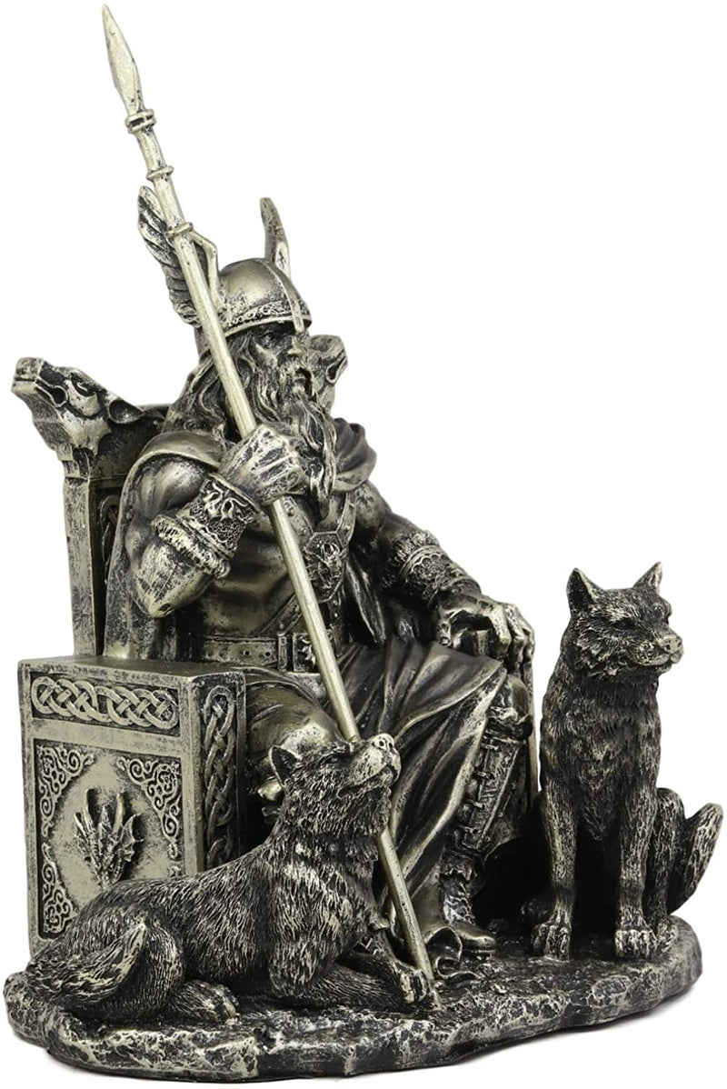 Ebros Gift Norse Viking Mythology Odin The Alfather Sitting On A Throne with Two Wolf Dogs Statue Norselandic Folklore Thor Ragnarok Trilogy Wotan Decorative Figurine 10.5" High