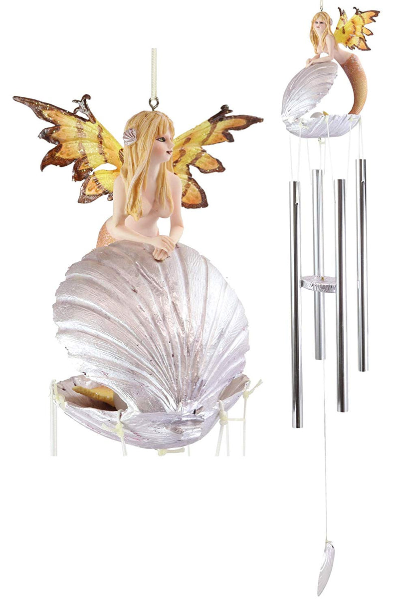 Ebros Nautical Ocean Whimsical Mermaid Fairy With Pearl Oyster Clam Shell Wind Chime