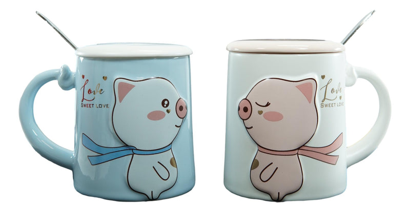 Ebros Pack Of 2 Valentines Love Pigs Blue And White Coffee Mugs With Lid & Spoon 14oz