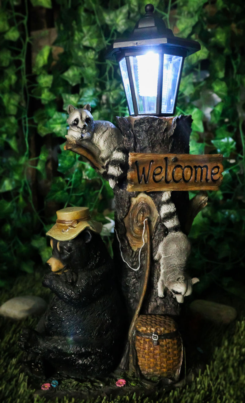 Summer Naps Lazy Bear With Raccoon Friends Welcome Sign Statue With Solar Light