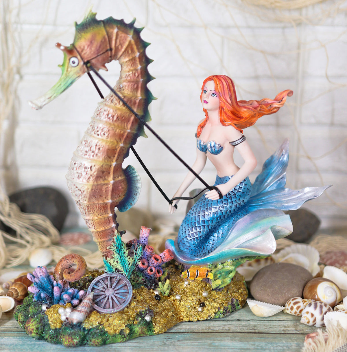 Ebros Nouveau Nautical Ocean Mermaid On Clam Riding Seahorse Chariot Statue 10"H - Ebros Gift