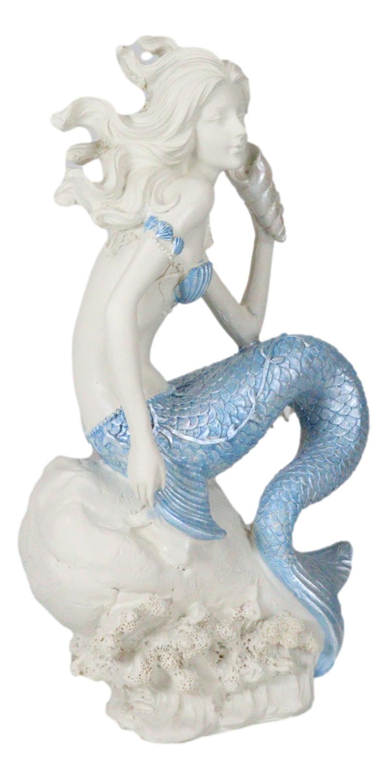 Ebros Ocean Goddess Pretty Mermaid With Blue Tail Holding Conch 8"Tall Figurine