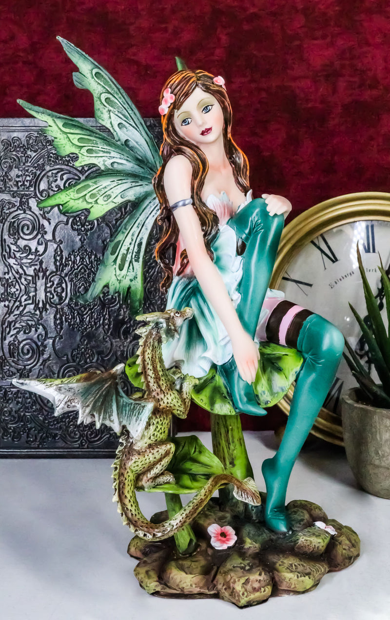 Ebros Beautiful Gaia Pixie Fairy With Green Wyrmling Dragon Statue 9.5"Tall Mythical Fantasy Fae Lady Of Summer Forest Magic Figurine Collectible Medieval Fairies Decor