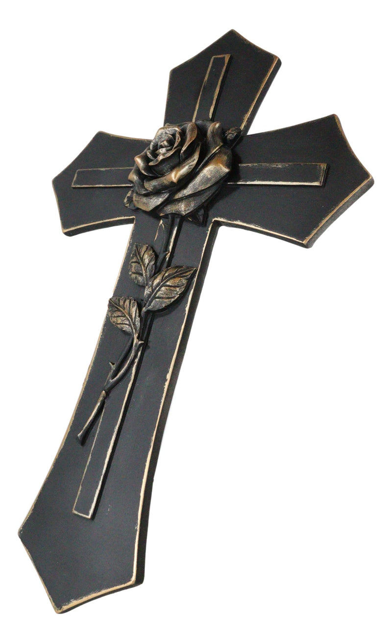 Western Black and Bronze Blooming Rose Stalk Petals Cross Wall Crucifix Plaque