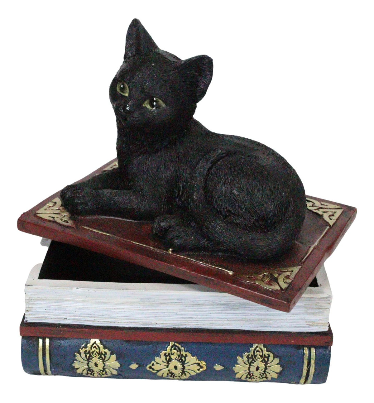 Wicca Mystical Black Cat Sitting On Book Of Spells Stack Decorative Jewelry Box