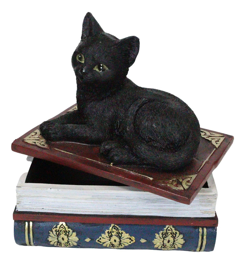 Wicca Mystical Black Cat Sitting On Book Of Spells Stack Decorative Jewelry Box