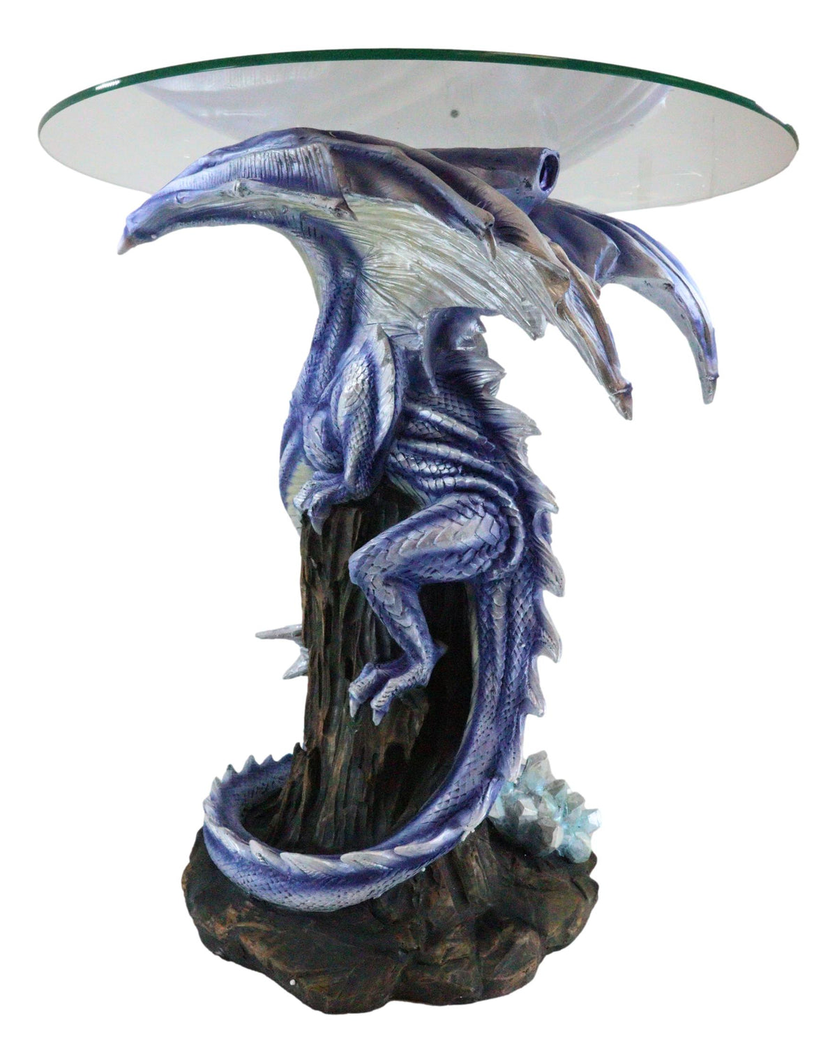 Elemental Frozen Ice Mother Dragon With Hatchling Baby Sculptural Side End Table