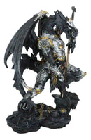 Faux Stone Silver Armored Dragon Holding Excalibur Dagger Blade Sword Statue