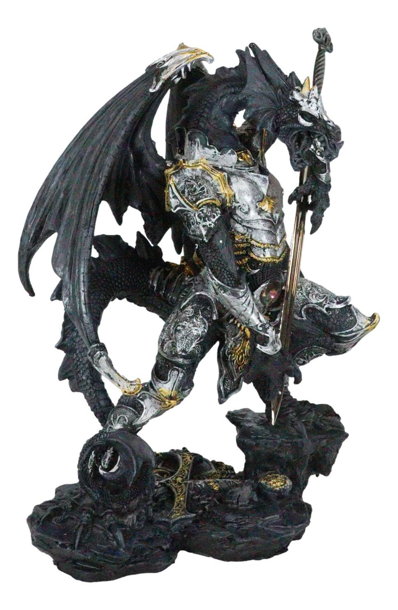 Faux Stone Silver Armored Dragon Holding Excalibur Dagger Blade Sword Statue